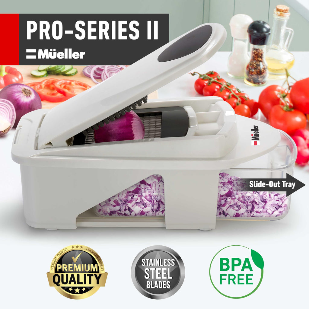Mueller Pro-Series All-in-One, 12 Blade Mandoline Slicer for Kitchen, Food Chopper, Vegetable Slicer and Spiralizer, Cutter, Dicer, Grater, Kitchen Gadgets Sets with Container, White Sand/Gray