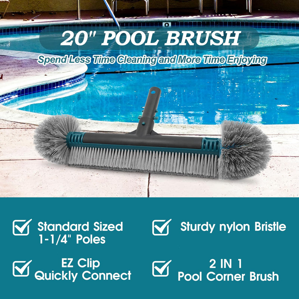 20'' Pool Brush Head, Detachable Pool Cleaning Brush with Durable Around Nylon Bristles, EZ Clip Aluminum Handle- Clean Swimming Pools Walls, Steps & Corners Faster