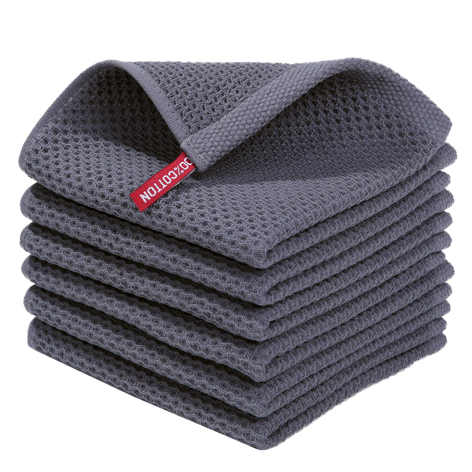 100% Cotton Waffle Weave Kitchen Dish Cloths, Ultra Soft Absorbent Quick Drying Dish Towels, 12 x 12 Inches, 6-Pack, Dark Grey