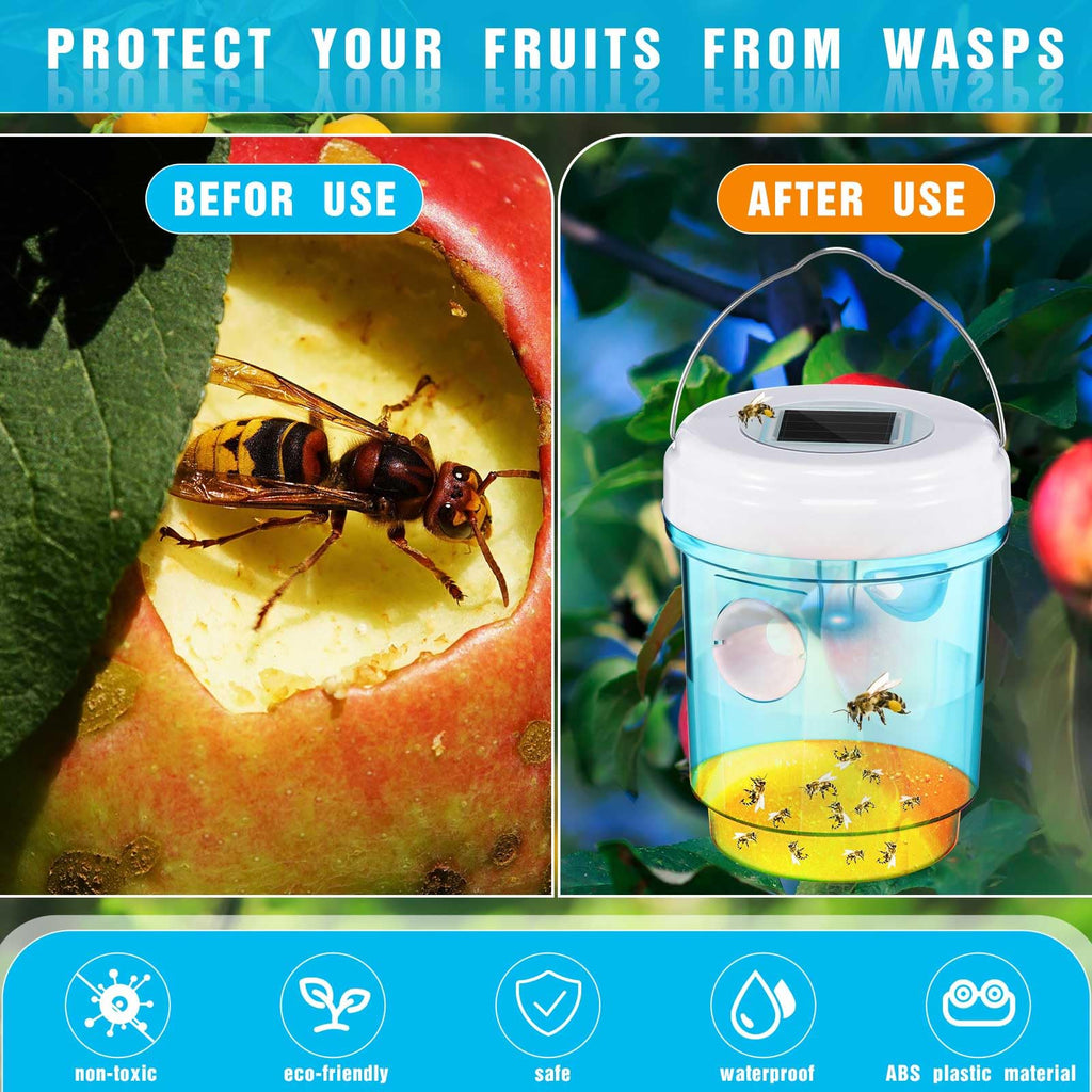 2 Pack Wasp Traps Outdoor Hanging Fly Traps with UV LED Light Solar Powered Hornet Trap Non-Toxic Reusable Hornet Traps Wasp Killer for Indoor Outdoor Patio Garden Home (Blue)