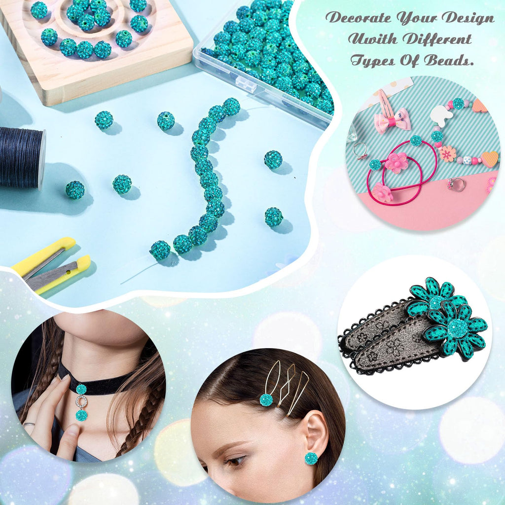 Hicarer 120 Pcs Rhinestone Beads for Jewelry Making 10mm Shiny Crystal Diamond Clay Beads Disco Ball Polymer Clay Round Bead Bulk for Crafting DIY Bracelet Necklace Earring Christmas(Lake Blue)