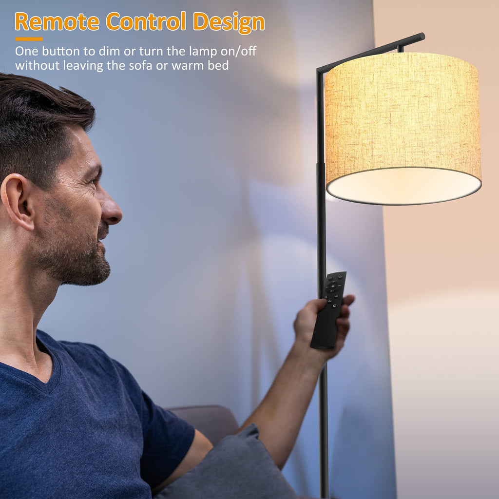 PESRAE LED Floor Lamp with Remote Control, 4 Color Temperature LED Bulb Included, Modern Standing lamp with Linen Lampshade for Bedroom, Living Room, Matte Black
