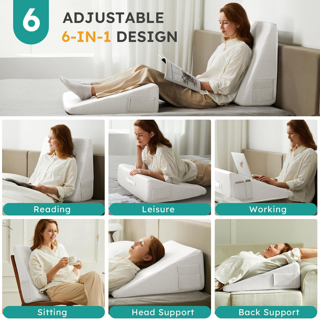 Bedluxe Wedge Pillow for Sleeping, 10 inch Elevated Support Bed Wedge Pillow, Breathable Triangle Pillow Wedge with Cooling Memory Foam Top - Removable Washable Cover, White