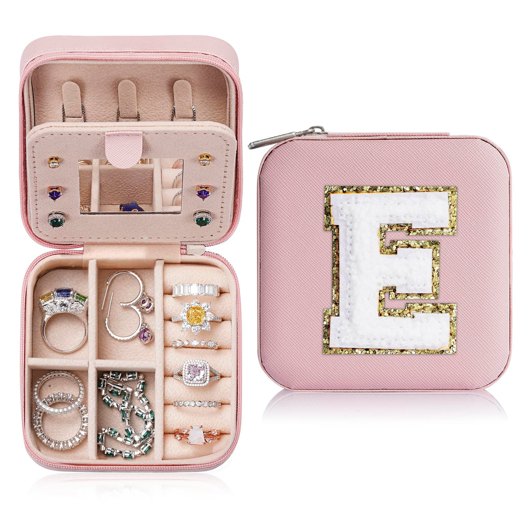 Parima Christmas Gifts for Women Teen Girls - 2024 Travel Jewelry Case Gifts Ideas, 6,7,8,9,10,11,12 Year Old Girl Birthday Gift Travel Jewelry Organizer Christmas Gifts for Daughter - Letter E, Pink