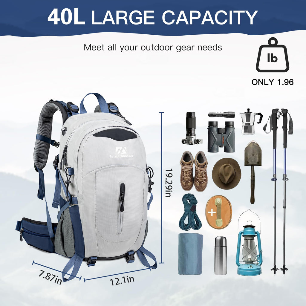 Hiking Backpack, 40L Waterproof Camping Backpack with Packable Back Panel & Rain Cover, Men Women Rucking Backpacking Backpack Outdoor Sport Lightweight Travel Daypack for (Grey)