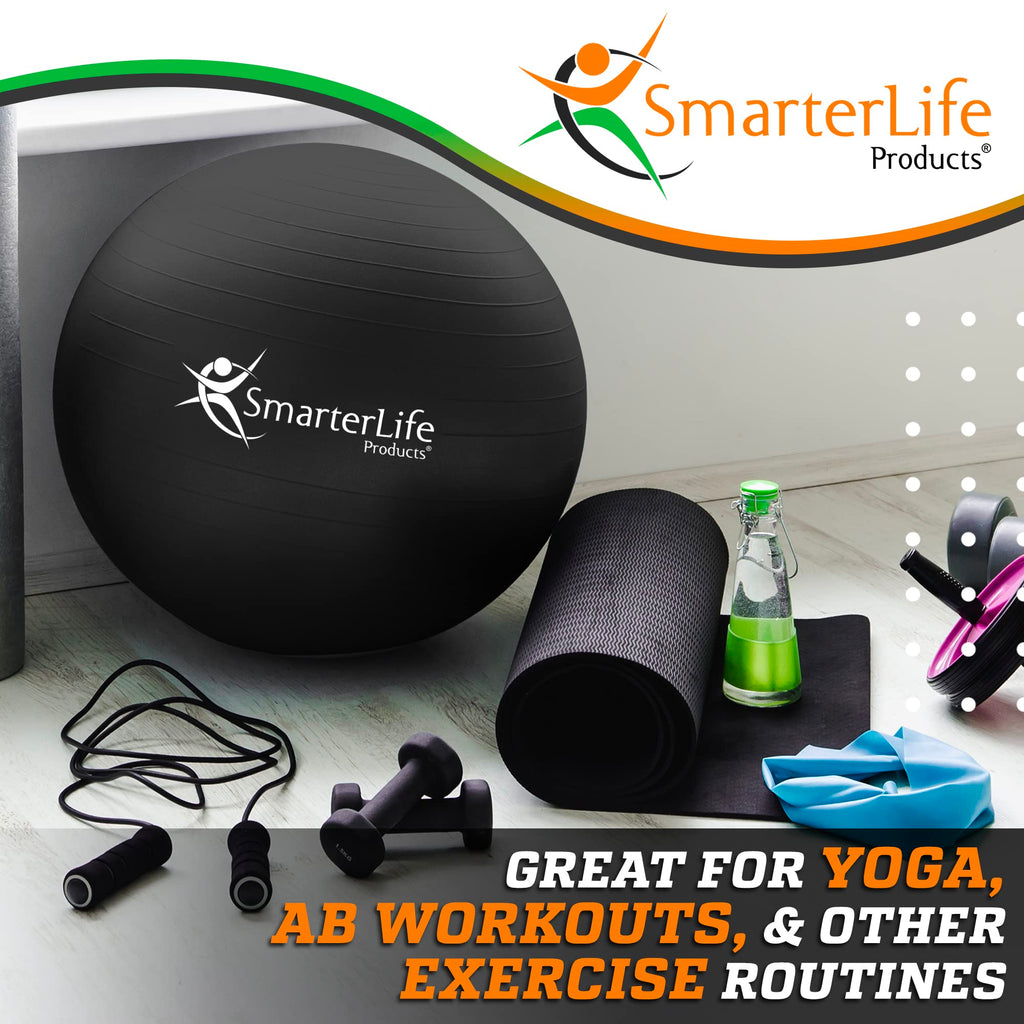 SmarterLife Workout Exercise Ball for Fitness, Yoga, Balance, Stability, or Birthing, Great as Yoga Ball Chair for Office or Exercise Gym Equipment for Home, Non-Slip Design (65 cm, Black)