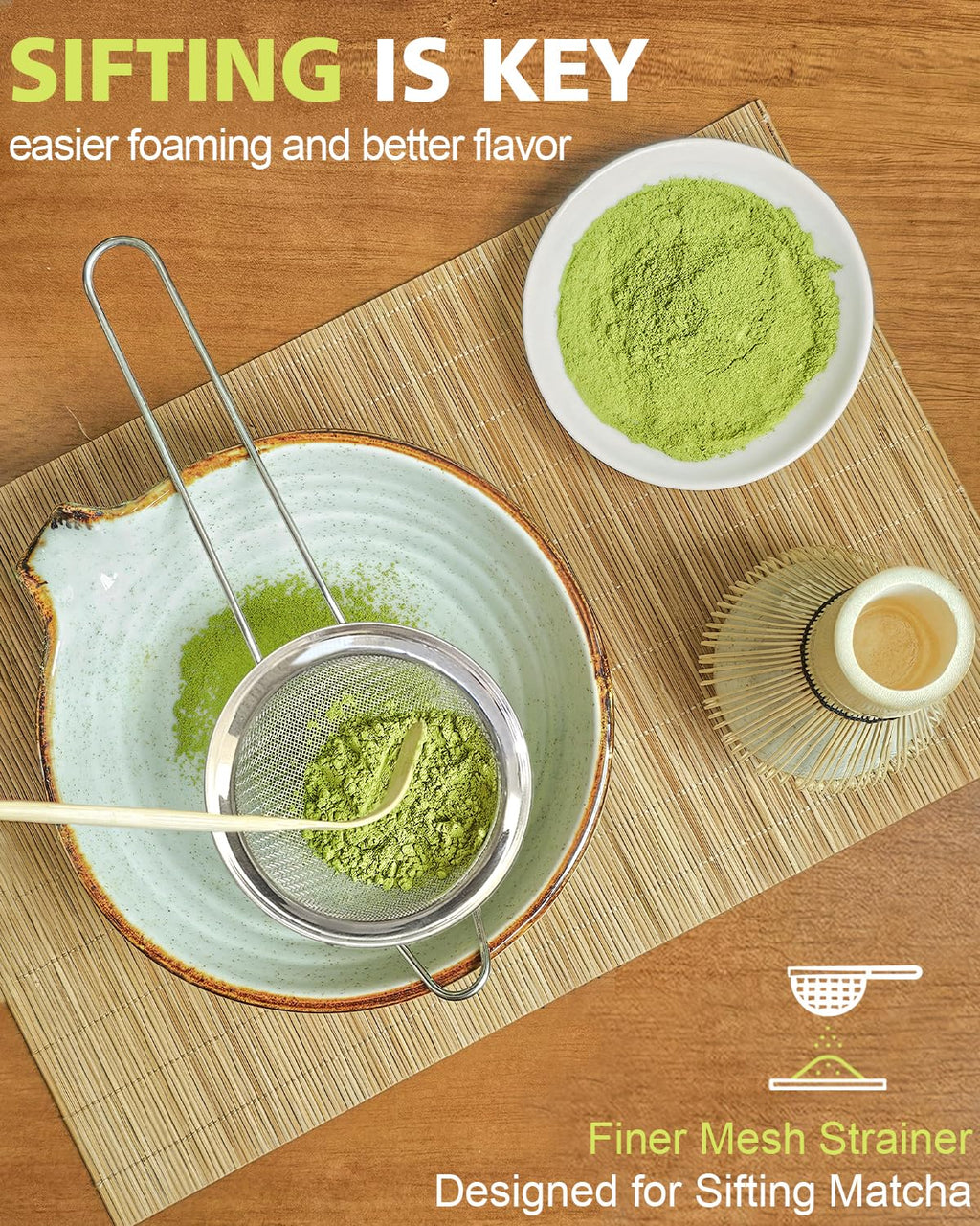 Vaiheng Matcha Whisk Set with Matcha Bowl, Matcha Whisk Holder Matcha Bamboo Whisk, Scoop, Sifter, Unique Gifts for Women Men Girl Friend Home Kitchen Decor Gifts for Tea Enthusiasts Christmas