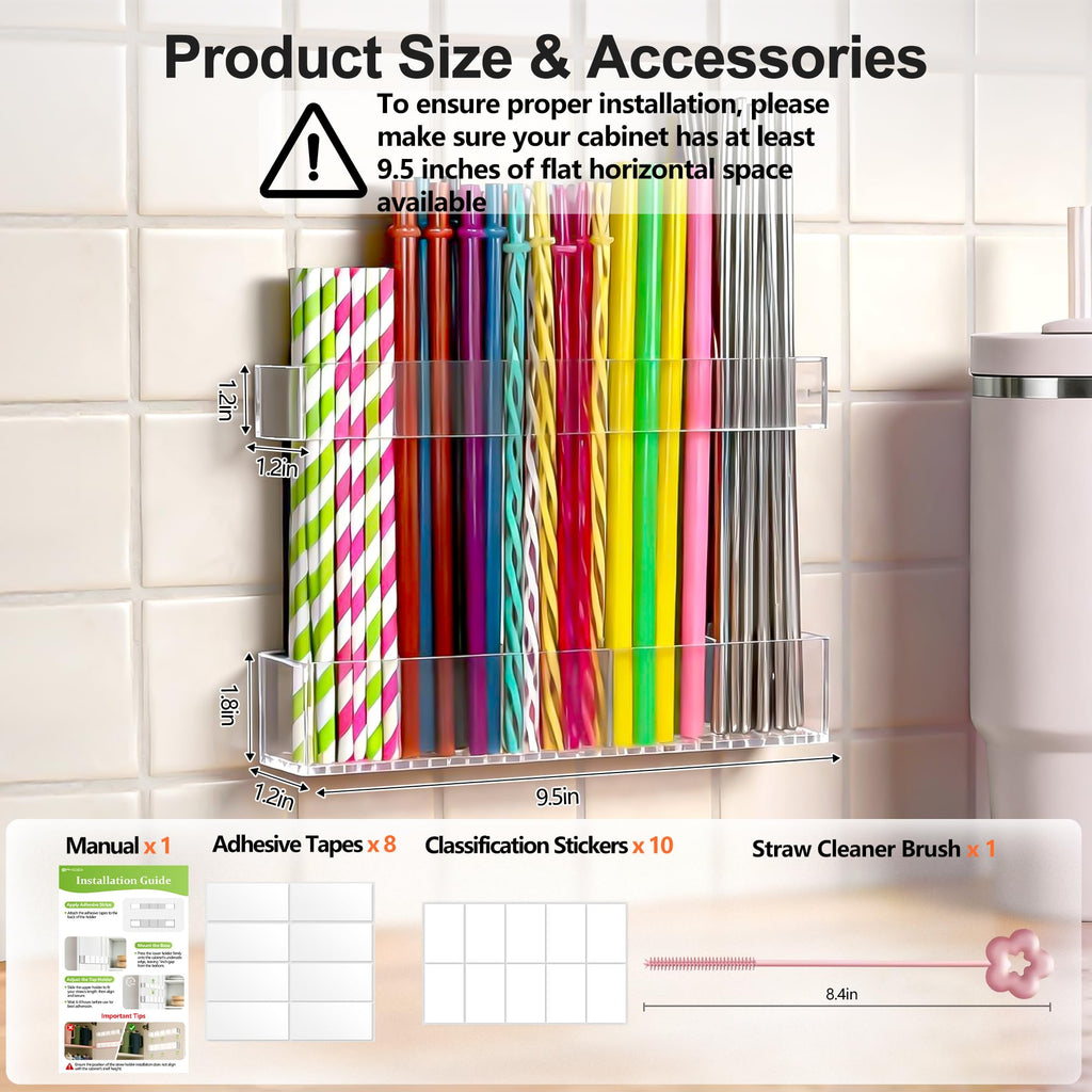 Rycid 9.5” Large Acrylic Straw Holder for Cabinet Door, Reusable Adjustable Two-Part Straws Organizer with Ultra Sticky Adhesive Strips, 2026 Straw Storage for Kitchen Cupboard (Transparent)