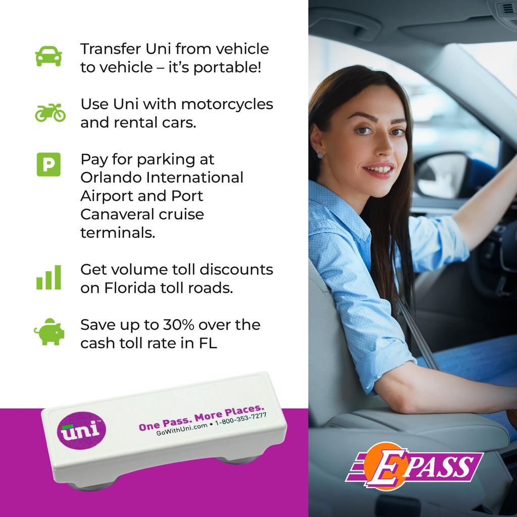Uni Prepaid Portable Toll Pass by E-PASS – Works in 19 States Including FL, GA, NC, VA, WV, MD, DE, NJ, NY, PA, MA, RI, NH, ME, OH, in, IL, KY, and MN – White