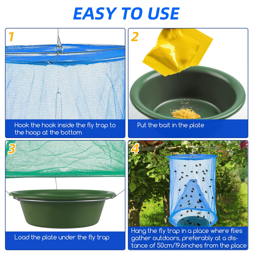 Ranch Fly Traps Outdoor Hanging Stable Fly Trap Reusable Fly Killer Cage Fly Catcher Bag with Bait Tray,Fly Repellent for Outdoor and Indoor Hanging Farms,Stable,Garden,Orchard,Park (Blue)
