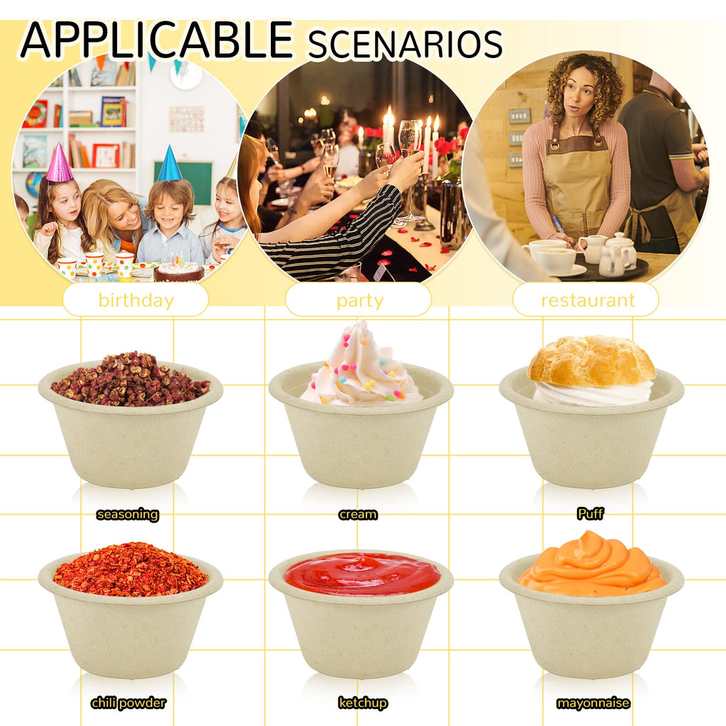 LeonBach 200 Pack 2oz Natural Sugarcane Paper Bowls, Compostable Paper Condiment Snack Sample Tasting Serving Cups Biodegradable Food Containers Small Dipping Cup