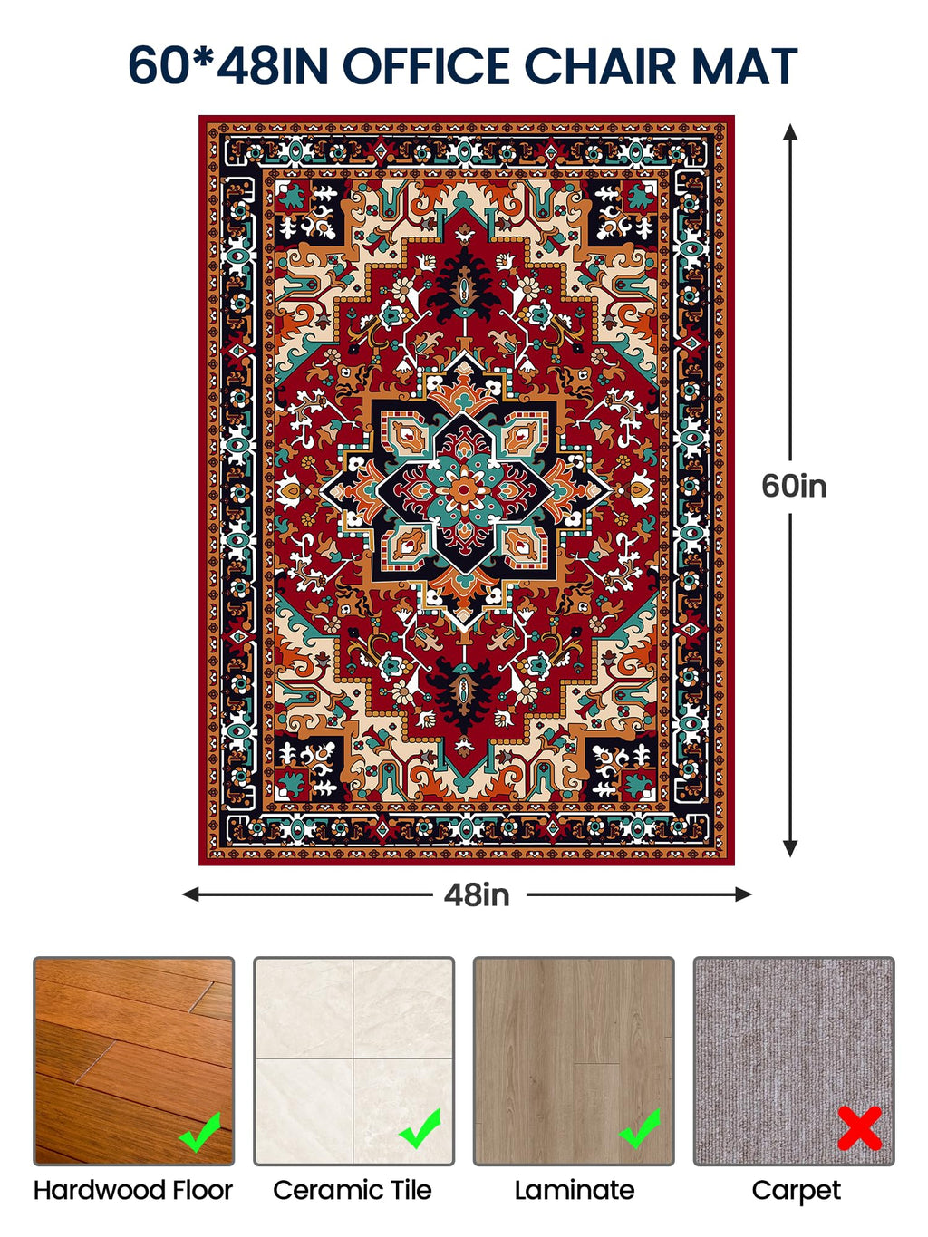 PROHALO Office Chair Mat for Hardwood Floor, 48"x60" Desk Chair Mat for Rolling Chairs, Non Slip Computer Chair Mat, Office Rug Mat for Office Home Hard Floor, Under Desk Mat for Gaming Chair-Deep Red