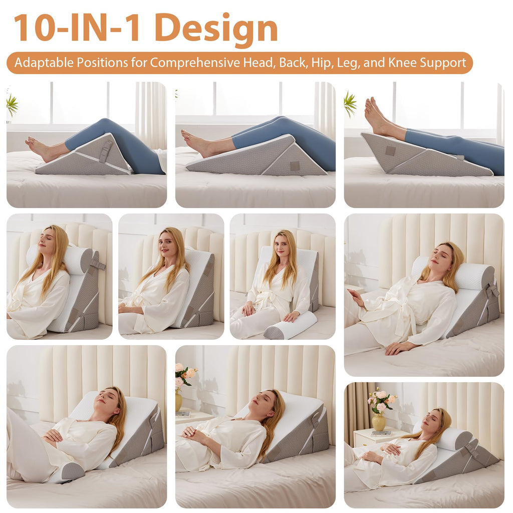 BIEEZZK Orthopedic Bed Wedge Pillow Set 3Pcs, Memory Foam Wedge Pillow for sleeping, Body Pillow Post Surgery for Back,Neck,Leg and Knee Support,Triangle Pillow for Acid Reflux,Snoring,White/Grey