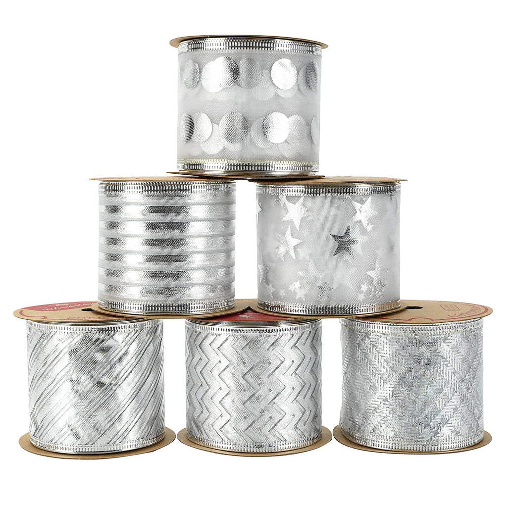 MEEDEE Silver Ribbon for Christmas Tree Silver Wired Ribbon 2.5 Inch 6 Rolls 36 Yards Silver Tree Ribbon Garland Christmas Ribbon Set Ribbon for Christmas Tree Decoration Topper Bow Making