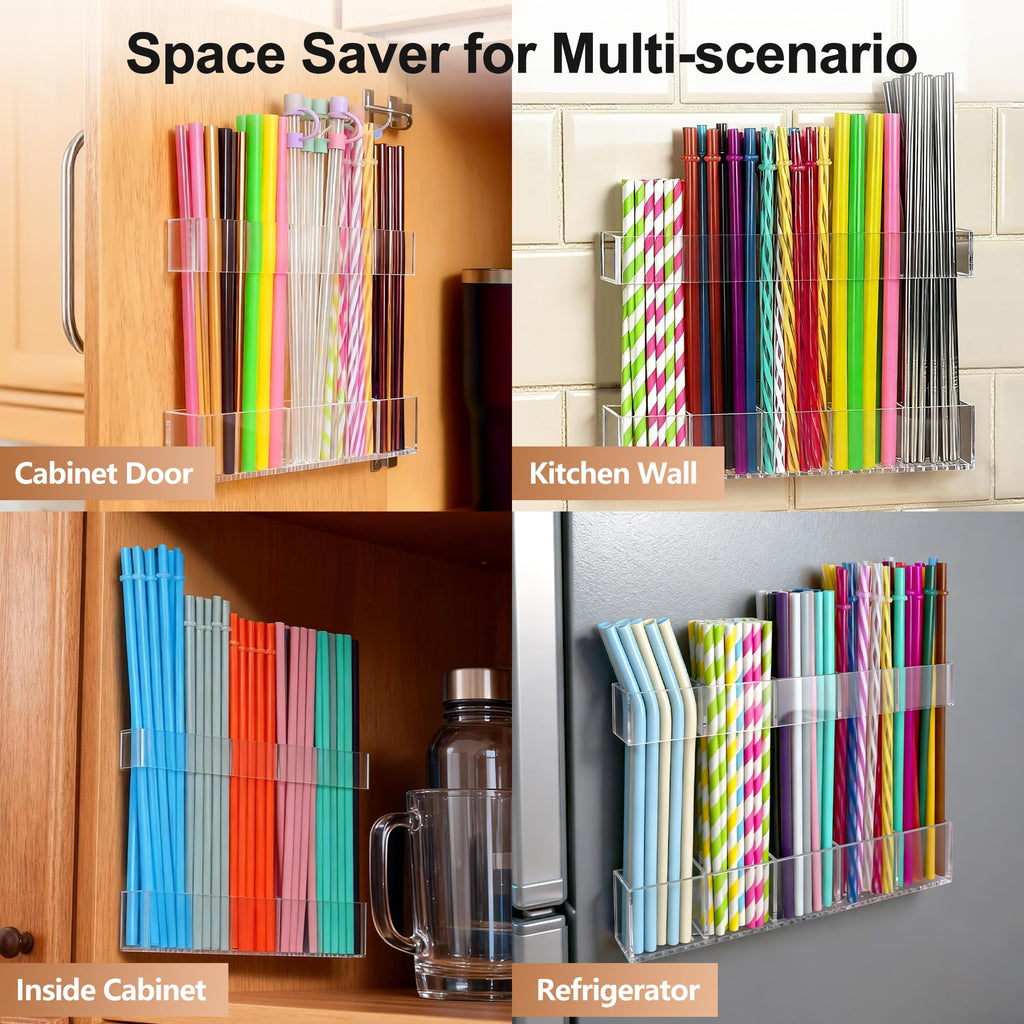 Rycid 9.5” Large Acrylic Straw Holder for Cabinet Door, Reusable Adjustable Two-Part Straws Organizer with Ultra Sticky Adhesive Strips, 2026 Straw Storage for Kitchen Cupboard (Transparent)