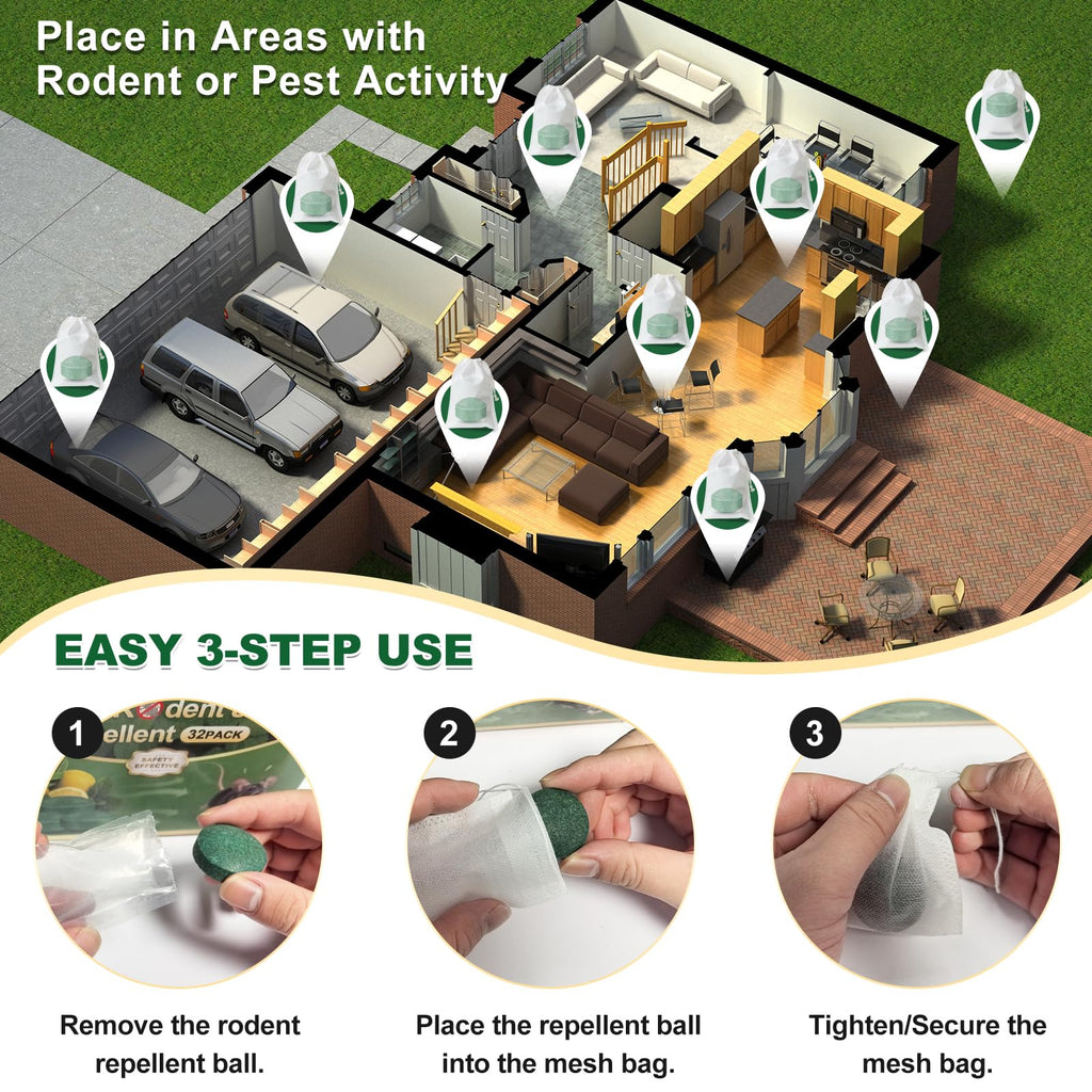 HLISIS 32PCS Mouse Rodent Repellent, Natural Mouse Repellent Peppermint Oil for Mice, Rats, Squirrels, Spiders and Pests, Keeps Pests Away Effectively from Garden & Home (Peppermint)