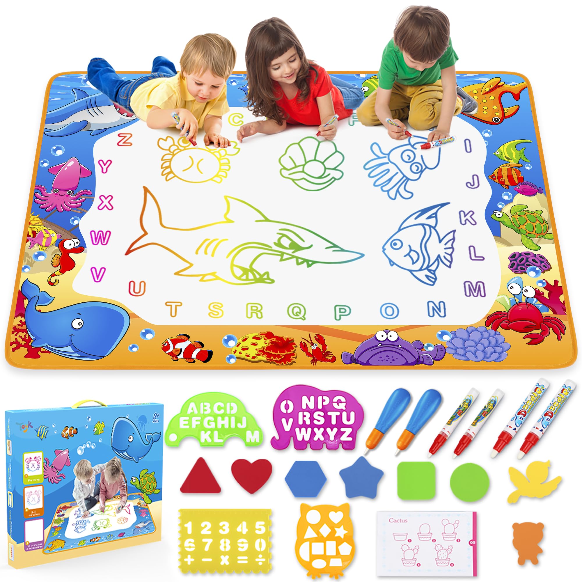 Water Doodle Mat - Kids Painting Writing Color Doodle Drawing Mat Toy Bring Magic Pens Educational Toys for Age 2 3 4 5 6 7 Year Old Girls Boys Age Toddler Gift