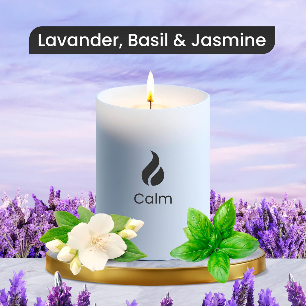 Natur IX Calming Scented Candles for Home | Lavender, Basil & Jasmine Candle | Natural Non Toxic Soy Candles with Essential Oils | 50 H Long Burning | Aromatherapy Candle Jar with Lid - 8.3oz