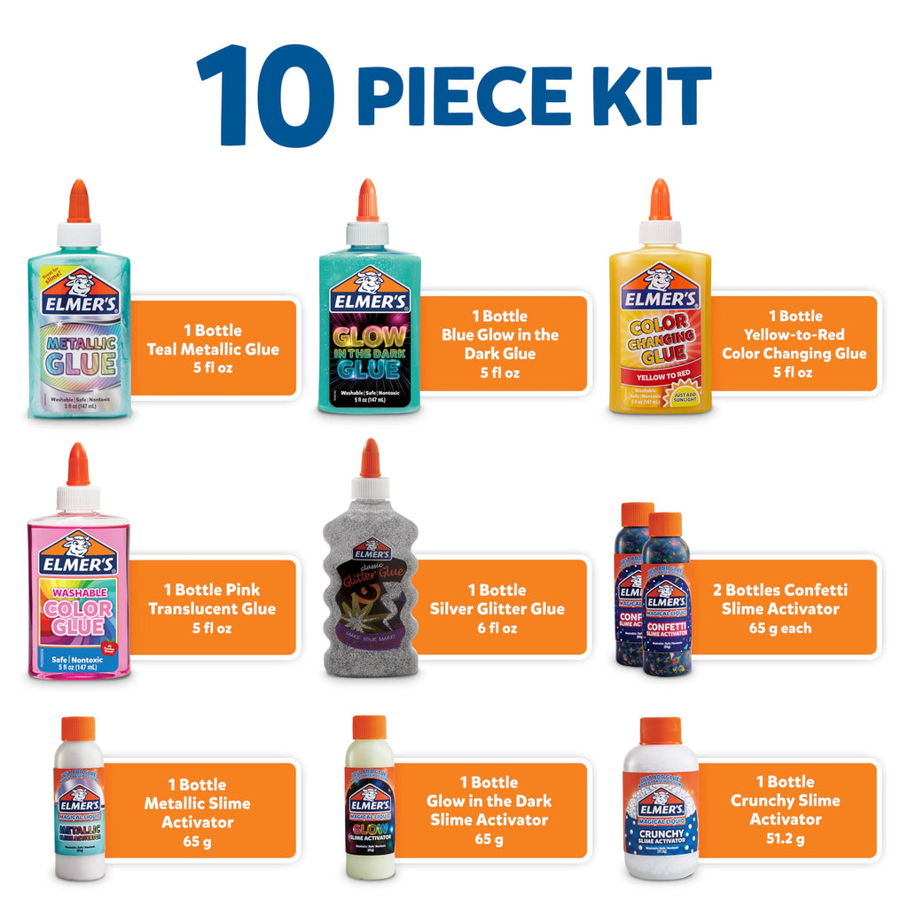 Elmer's Celebration Slime Kit, Complete Slime Supplies with Assorted Magical Liquid Slime Activators and Assorted Liquid Glues, 10 Count, Perfect for Parties and Activity Time
