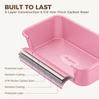 HONGBAKE 9-Piece Baking Pans Set Nonstick, Stackable Non Toxic Bakeware Sets with Diamond Texture, Oven Pan Set for Cooking, Includes Cookie Sheet with Rack, Cake Pan, Roasting Pan, Muffin Tin, Pink