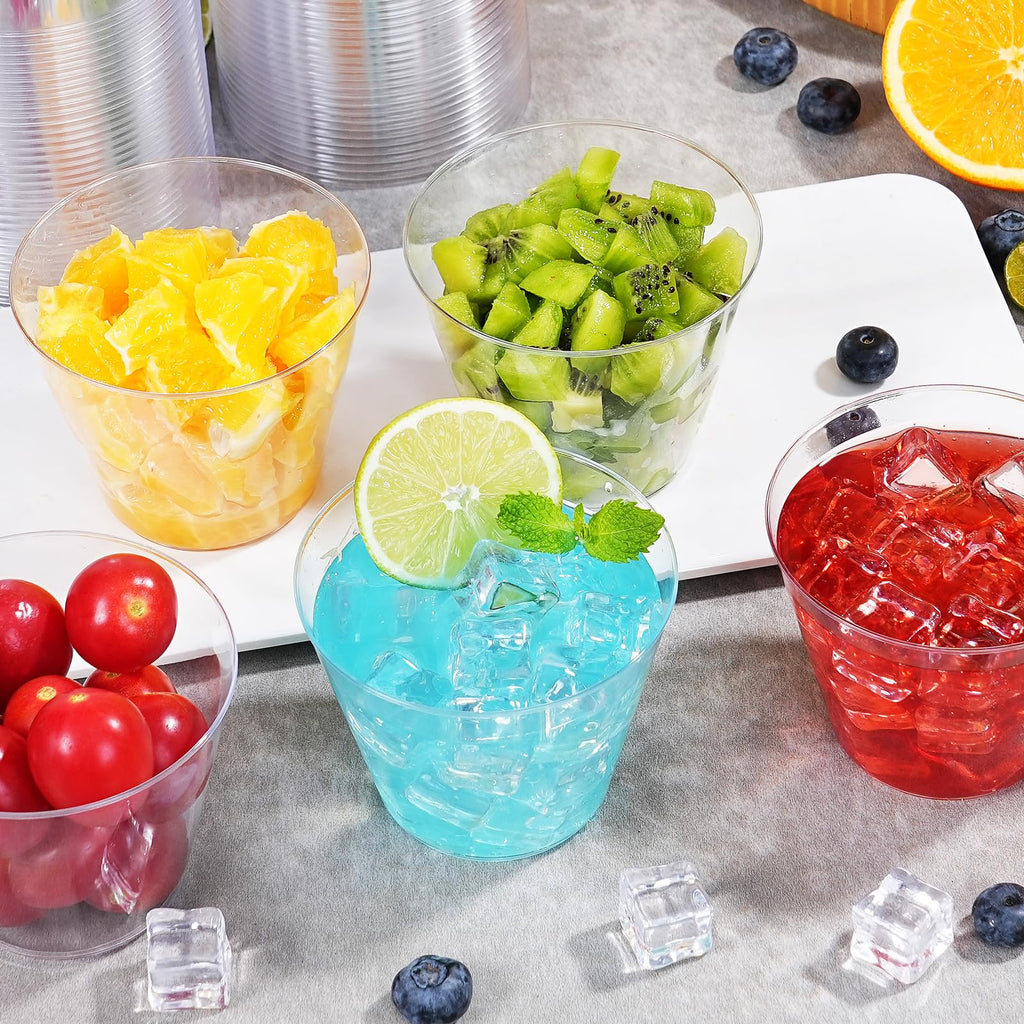 FUFF 100 Pack 9 oz Clear Disposable Plastic Cups, Clear Plastic Cups Tumblers Cocktail Party Glasses, Elegant Decoration Cups, Disposable Cups for Holiday, Wedding, Party