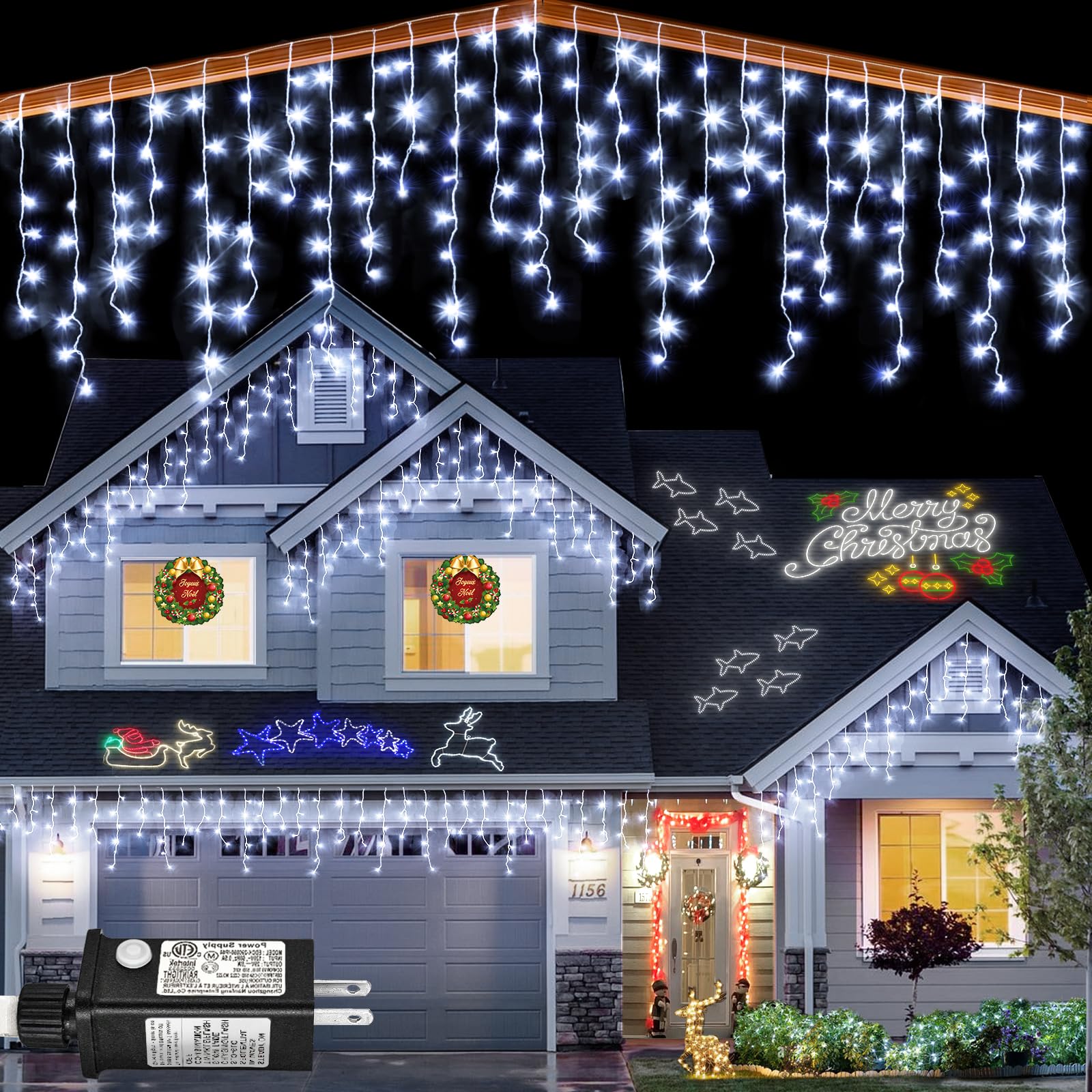 Icicle lights Outdoor - 66ft Christmas Lights with 640LED 120 Drops 8 Modes, Plug in Curtain String Lights Waterproof for Holiday Wedding Party Home Garden Bedroom Indoor Outdoor Decoration,Cool White