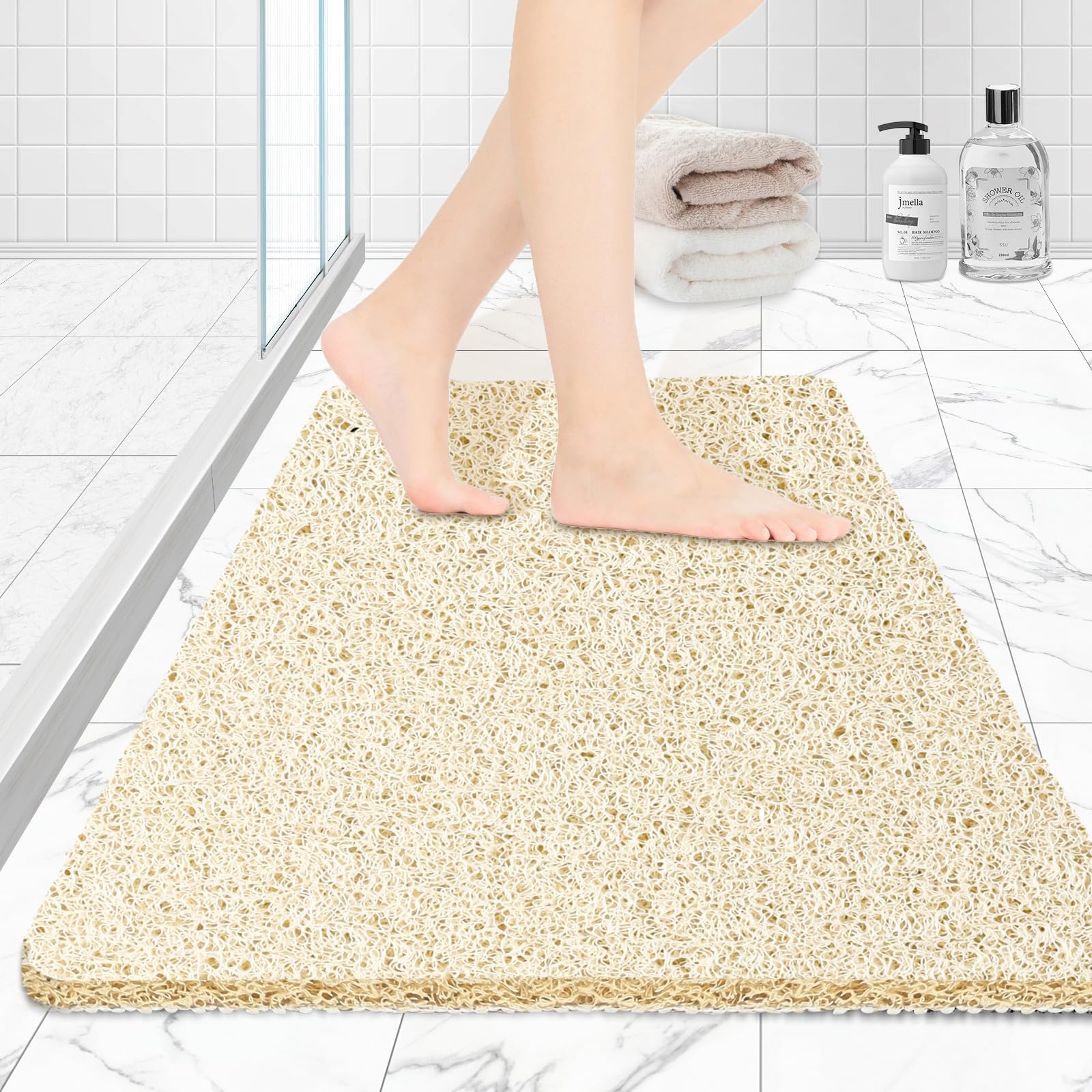 Joyhalo Shower Mats for Showers Anti Slip for Elderly, 32'' x 24'' Non Slip Bath Mat for Inside Shower, Bath Tub Mats for Bathroom Non Slip for Shower, PVC Loofah Bathroom Mats, Beige