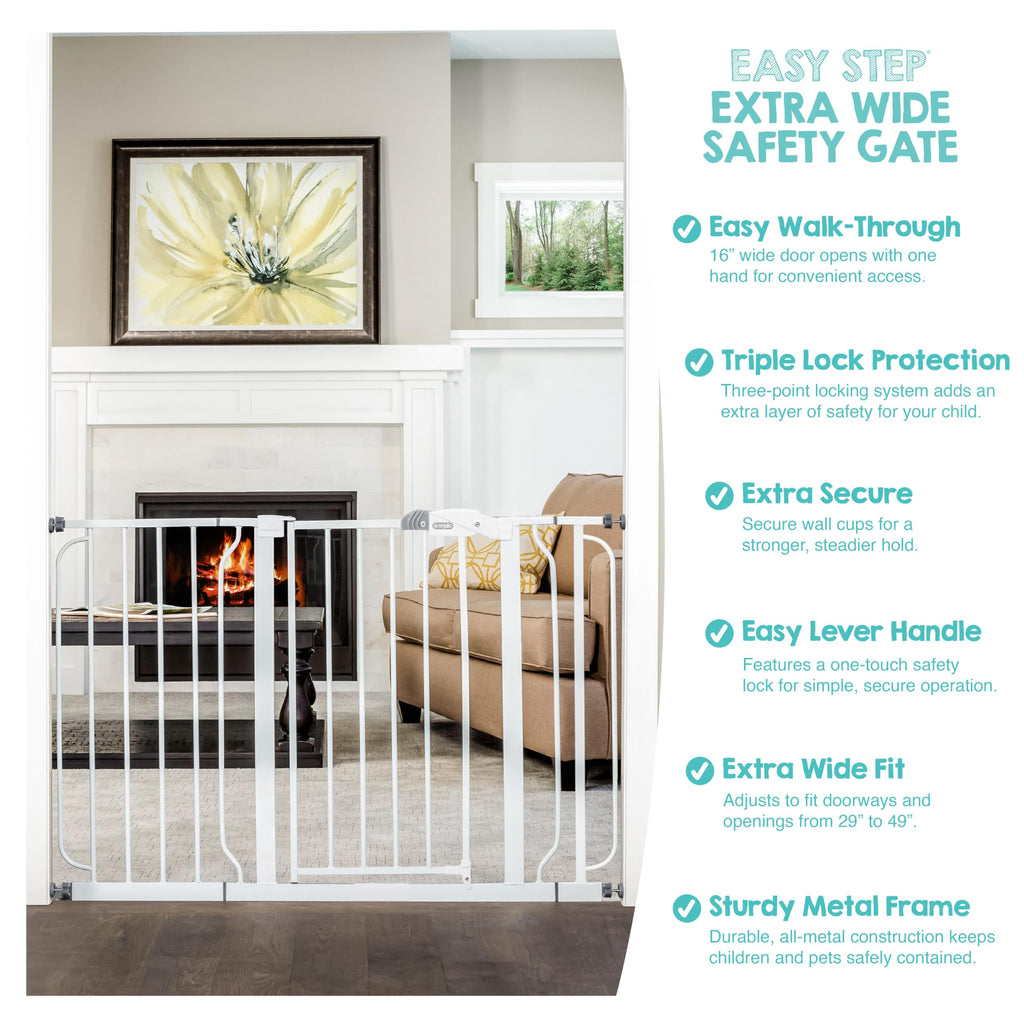 Regalo Safety 29-49" Easy Step Extra Wide Baby Gate for Doorways & Bottom of Stairs, Pressure Mounted Safety Gate with Door for Babies, Toddlers & Pets, White