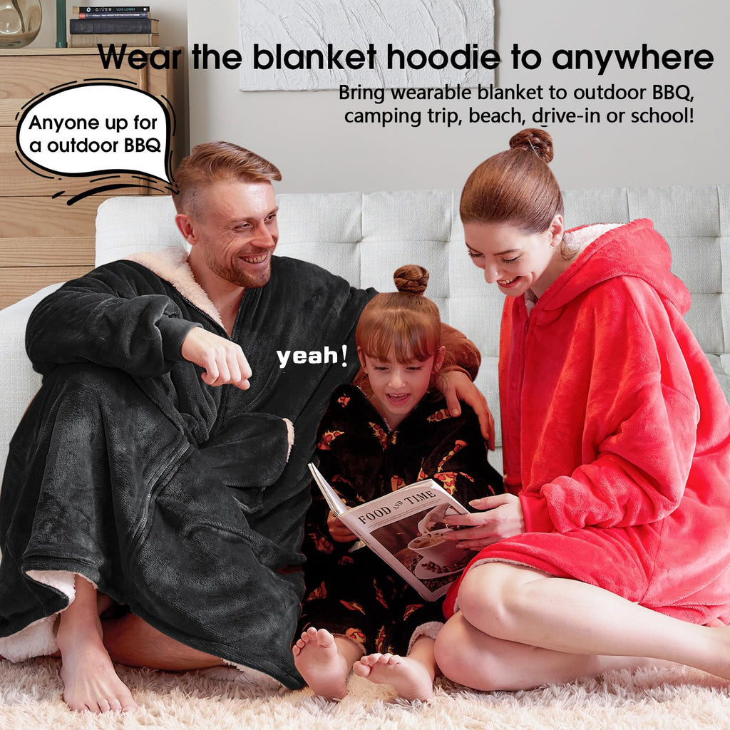 JOYWOO Wearable Blanket Hoodie, Oversized Hooded Blanket for Adult, Birthday Christmas Gifts for Women Men, Cozy Fuzzy Sherpa Sweatshirt Blanket with Giant Pocket and Zipper, Black