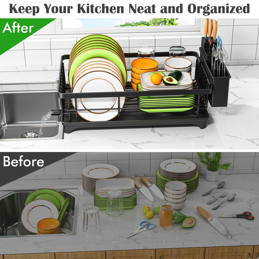 Dish Drying Rack - Space-Saving Small Dish Rack for Kitchen Counter, Rust-Resistant Kitchen Drying Rack, Compact Dish Drainer Organizer with Utensil Holder for Home Kitchen, Black