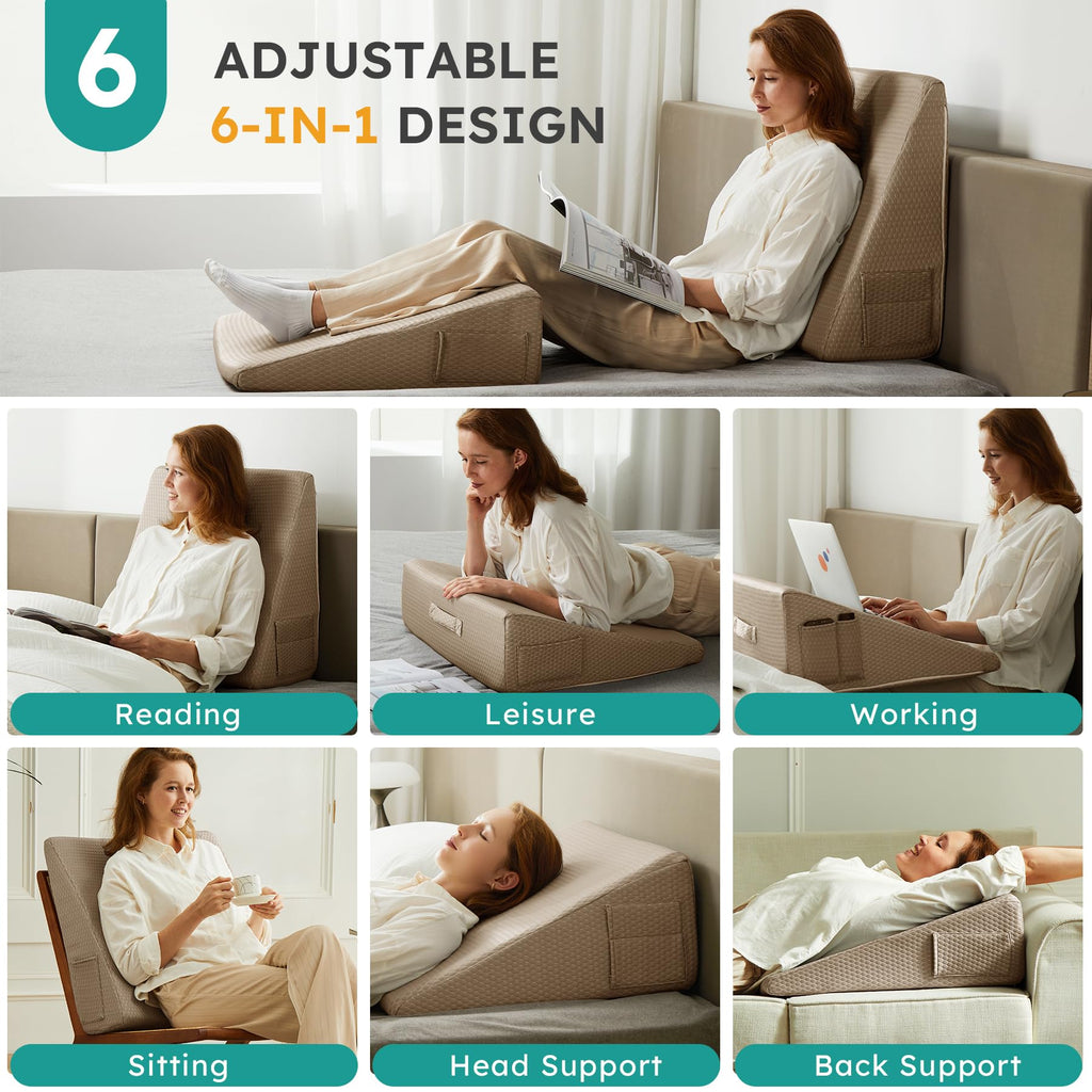 Bedluxe Wedge Pillow for Sleeping, 10 inch Elevated Support Bed Wedge Pillow, Breathable Triangle Pillow Wedge with Cooling Memory Foam Top - Removable Washable Cover, Coffee