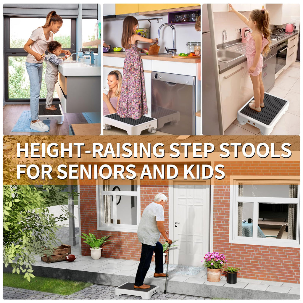 Ronlap One Step Stools for Adults, Portable Safety Step Platform for Seniors Small Plastic Bedside Step Stool Mobility Wide Step Stools Elderly Assistance for Shower Bed Car Stair Outdoor, White-Black