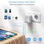 2 Pack European Plug Adapter USB C, TESSAN US to Europe Plug Adapter with 4 Outlets 3 USB Charger, Type C Power Adaptor to Italy Spain France Portugal Iceland Germany, Gray White