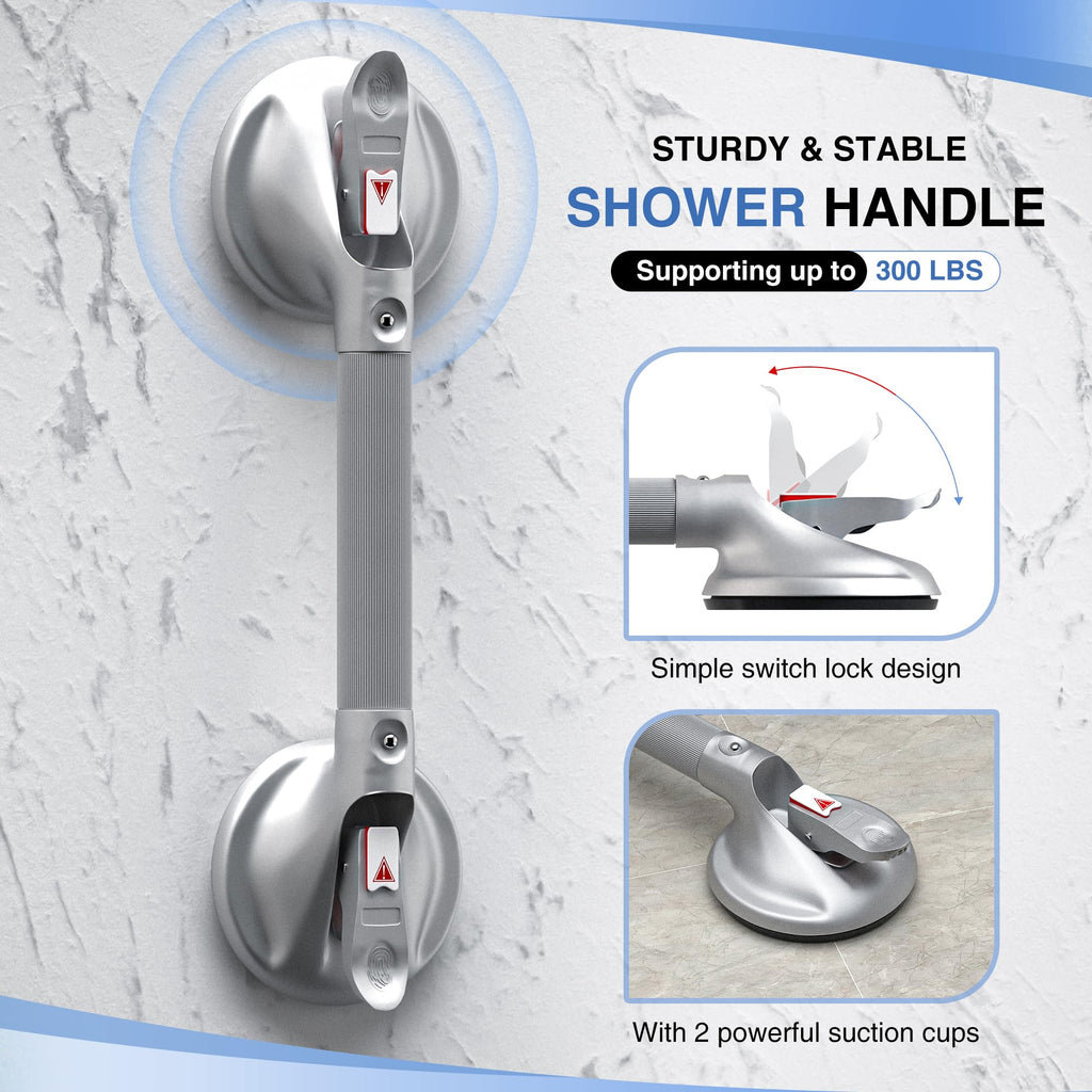 DAILYLIFE Shower Grab Bar for Bathtubs and Showers, 21 inch Heavy Duty Shower Handle with Strong Suction Cup, 300 lbs Safety Shower Handrails for Seniors and Elderly, Silver