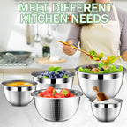 DUTZUN Mixing Bowls with Lids Set, Stainless Steel Mixing Bowls with Colander, Strainer with Mixing Bowl Set, Kitchen Gadgets Bowl Christams Gift, Size 4, 2.5, 2, 1.5QT - Black