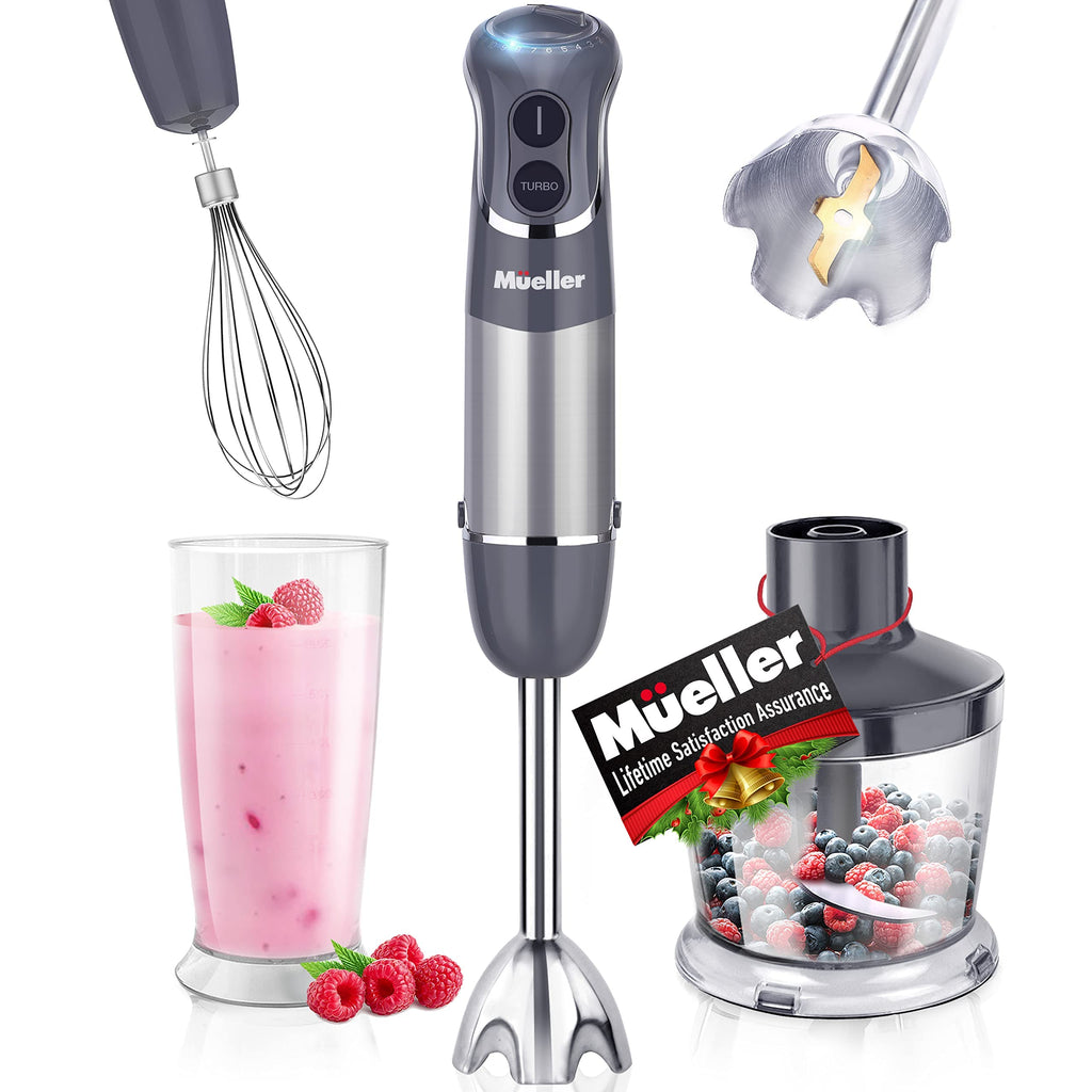 Mueller Multistick 800W 4-in-1 Immersion Blender Handheld, 12 Speed Hand Mixer - Turbo Boost, Heaviest Duty Copper Motor, Titanium Blades Hand Blender, Milk Frother Wand, Whisk, Beaker, Chopper