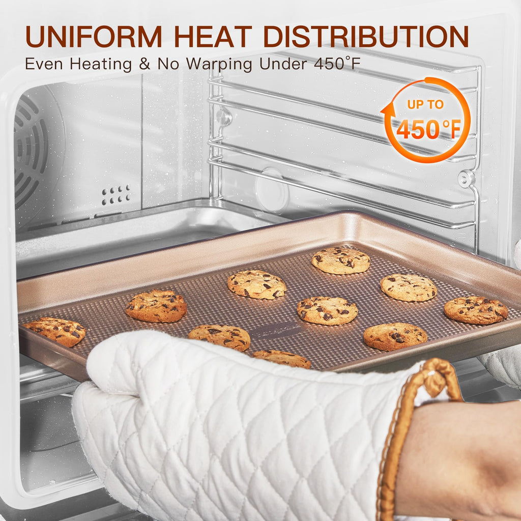 HONGBAKE 3 Pack Gold Nonstick Baking Sheet Pan Set with Oven Mitts Heat Resistant, Non-Toxic Half/Quarter/Jelly Roll Pans with Diamond Texture Pattern, Heavy Duty 0.8mm Thick Cookie Trays for Cooking