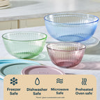 Pyrex Colors Tinted (3-Pack, Full Set) Sculpted Tinted Glass Mixing Bowls With Lids, Nesting Space Saving Set of Bowls For Prepping and Baking, 1.3QT, 2.3QT & 4.5Q, Blue