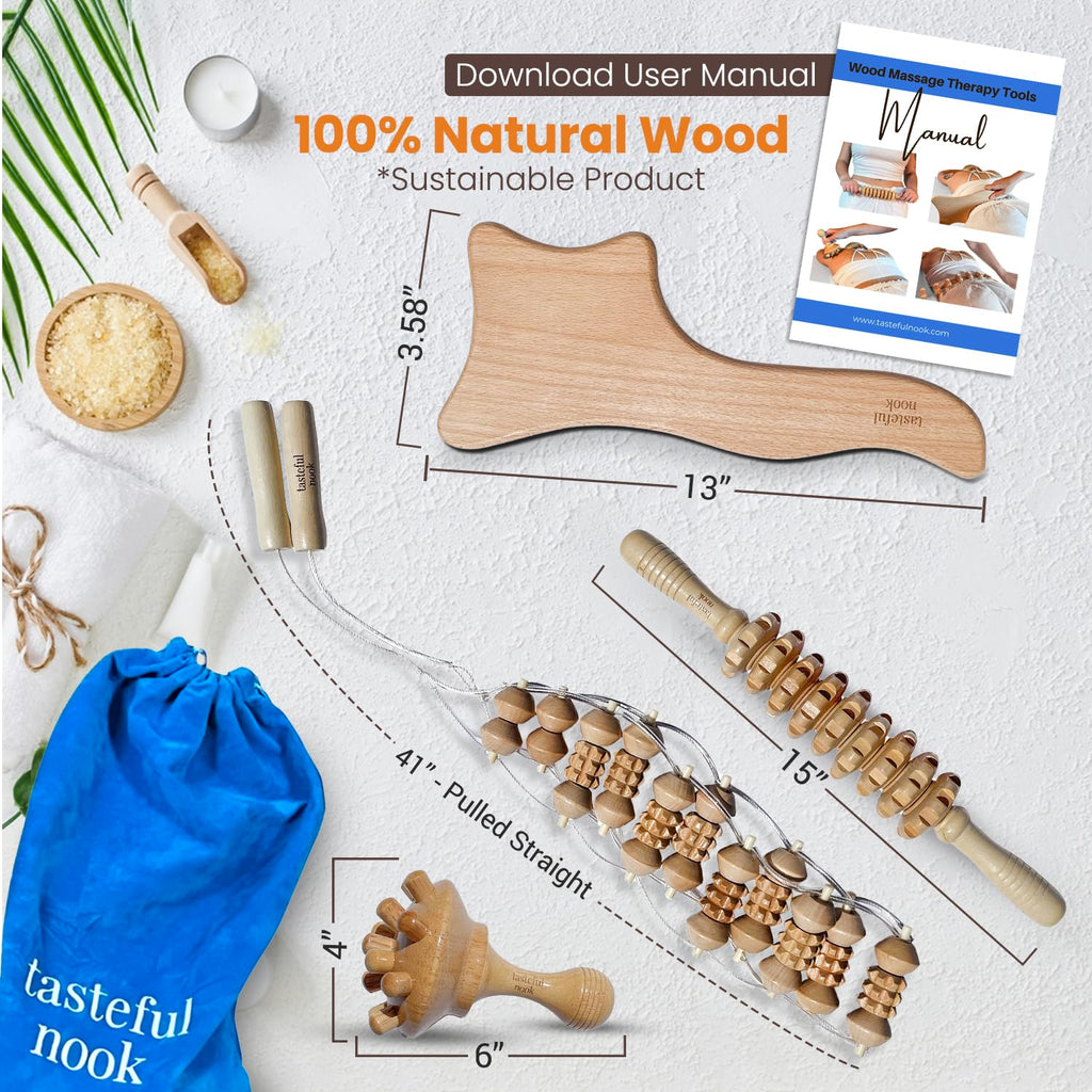 Wood Therapy Massage Tools Kit (Set of 4) - Lymphatic Drainage Massager - Body Roller - Body Sculpting - Wood Massage Tool for Cellulite - Maderoterapia Kit - Massage Tools w/ Storage Bag