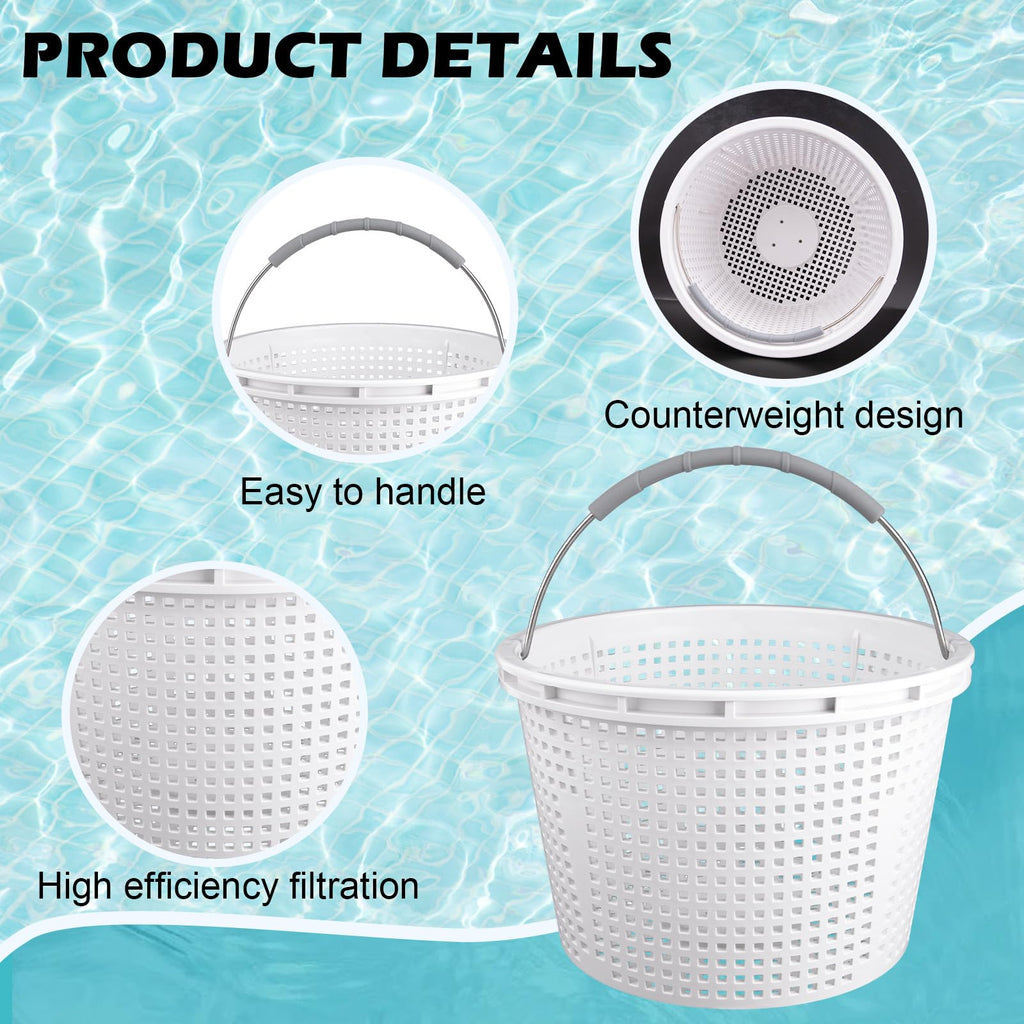 ZTTM 8" Pool Skimmer Basket for Inground Pool Compatible with Pentair U-3 Skimmer Basket 08650-0007 and Hayward SP1070 Pool Basket Stainless Steel Handle Rubber Grip & Built in Weighting White 2 Pack