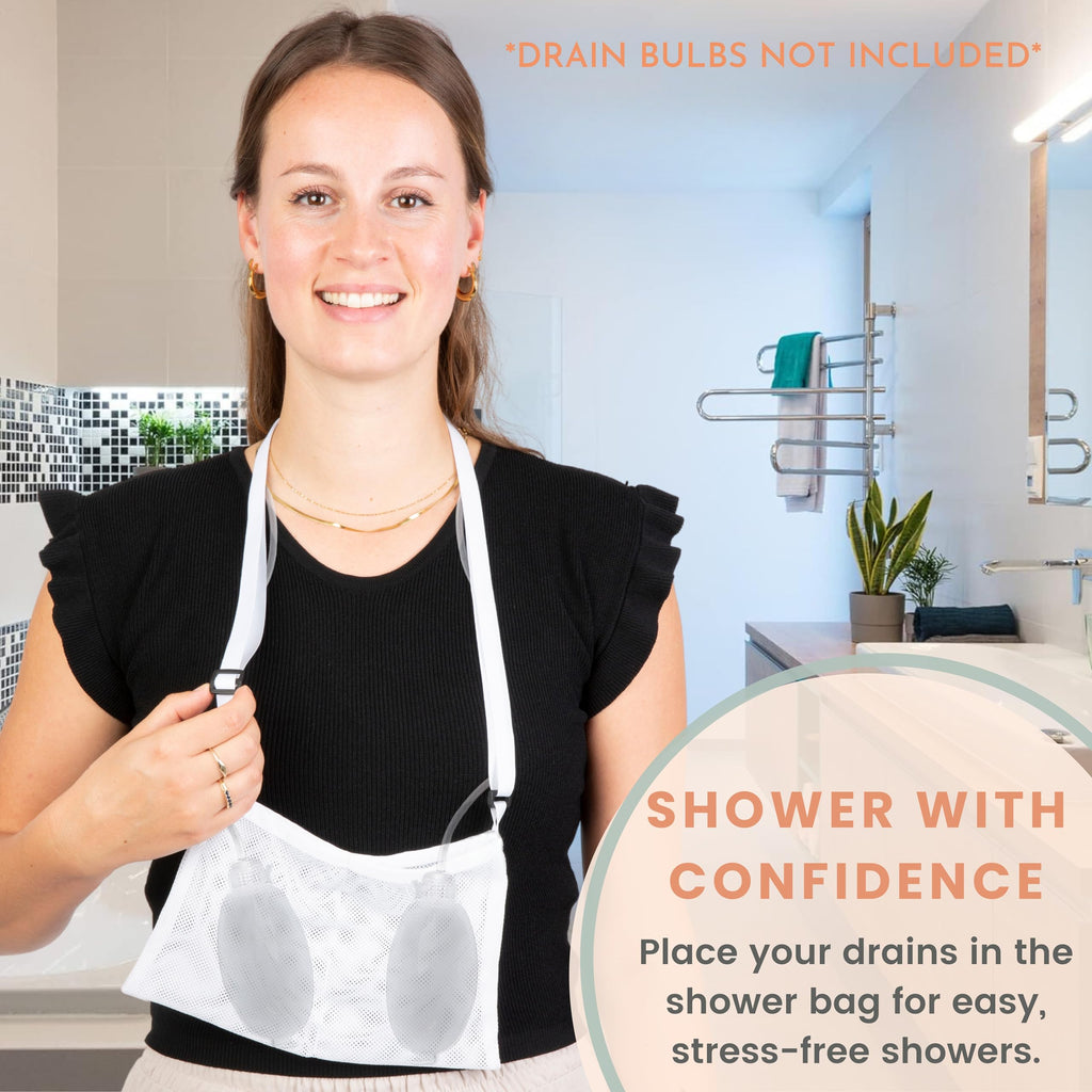 MOYOAMA Bundle Grey Swiss Dots with Shower Bag: Mastectomy Pillow IR Design with Coldpack, Shower Bag, and Seatbelt Pillow