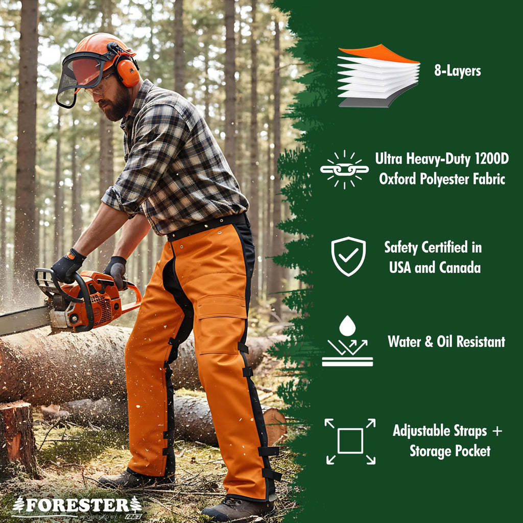 FORESTER Chainsaw Chaps for Men & Women | Apron Style Men's Chain Saw Chaps with Pocket & Adjustable Waist | Chainsaw Safety Equipment | Orange 35"