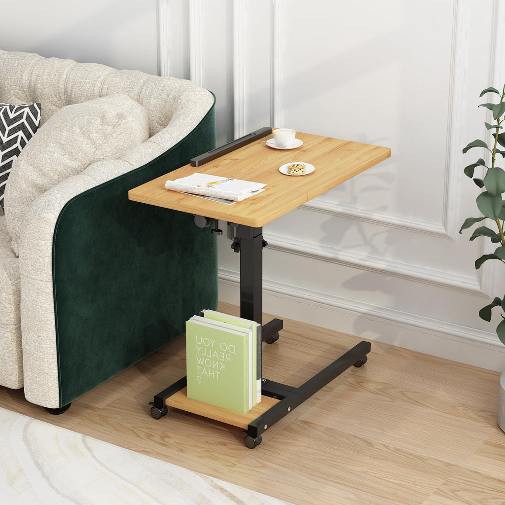 LINGMI Mobile Height Adjustable Laptop Desk with Mouse Pad, Portable Laptop Desk Rolling Tiltable Table with Small Side Table for Couch,Rolling Computer Stand (Natural Color)