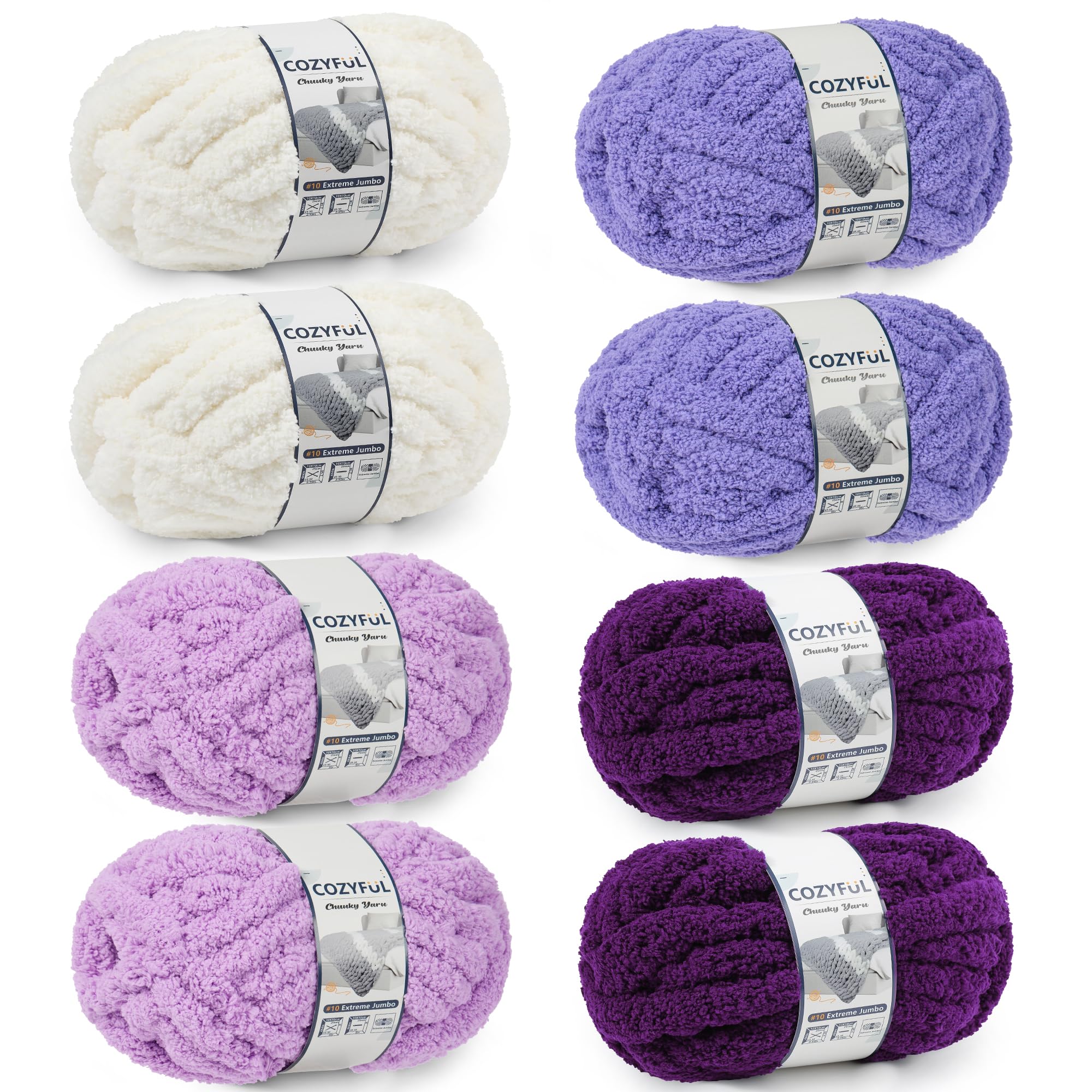 Cozyful Chunky Yarn for Hand Knitting - #10 Chunky Chenille Yarn, Jumbo Big Thick Chunky Yarns for Crocheting, Super Bulky Chunky Knit Blanket Yarns, 8 Skein (25yd, 8oz/Skein), Cream & Multi Purple