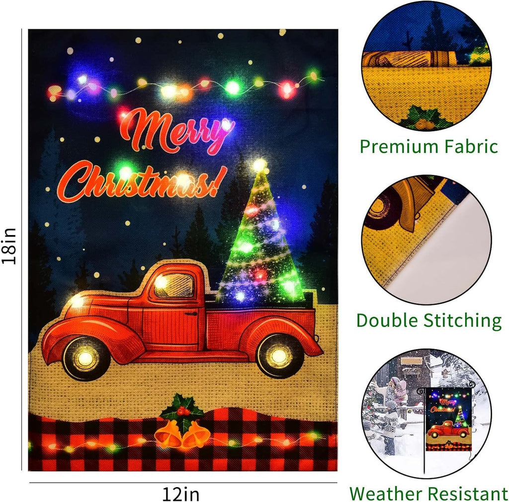 FLAGMESAGE Merry Christmas Lighted Garden Flag, LED Red Truck Flag, Vertical Christmas Flag for Outdoor Yard Garden Lawn Decoration