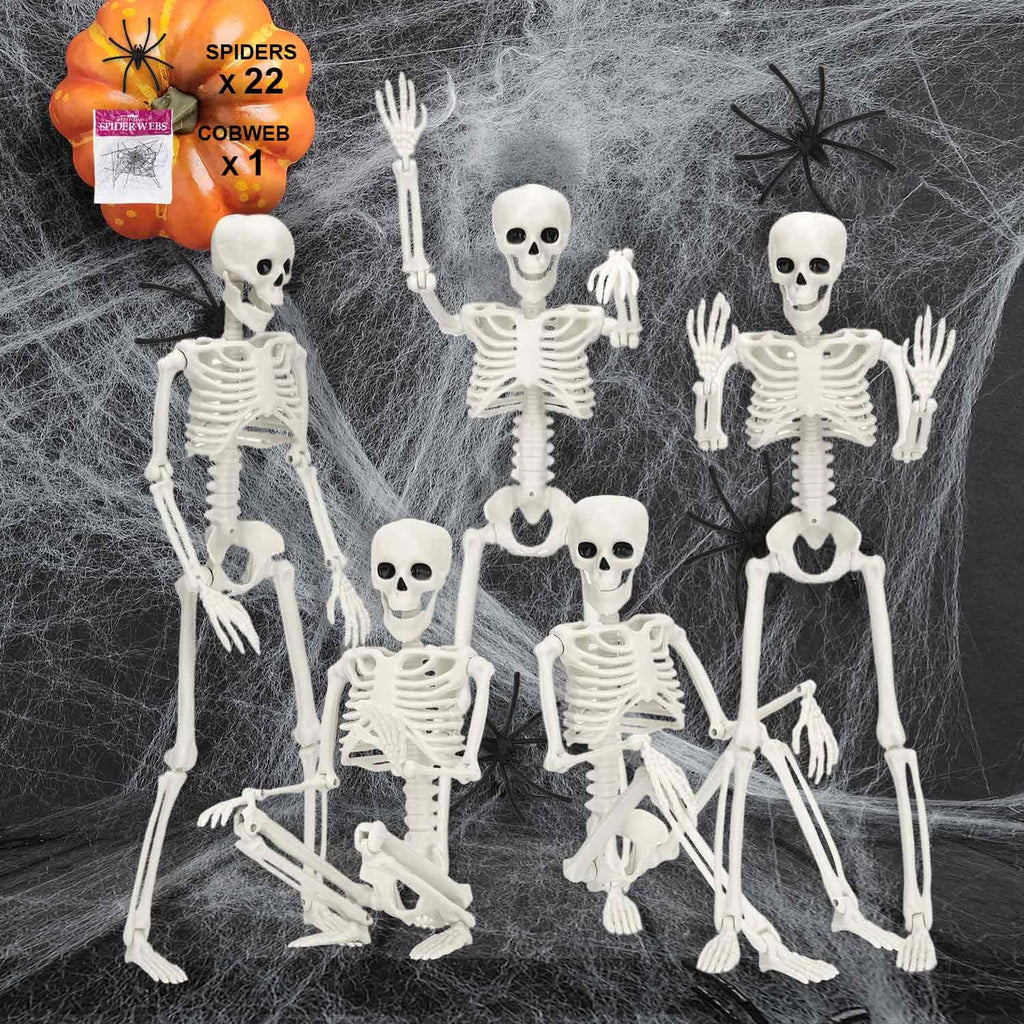 5 Pack Skeletons Halloween Decorations,16in Full Body Posable Joints Halloween Skeleton Decor with 22 Spiders& Cobweb Outdoor Halloween Decorations Indoor Spooky Party Props Halloween Tree Decors