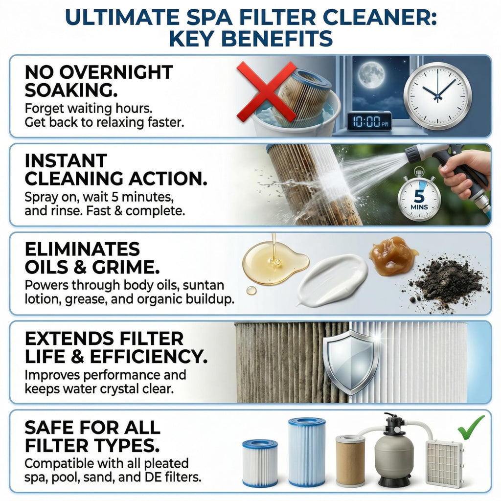 Ultimate Spa & Pool Filter Cleaner Spray, Professional Strength Fast Acting No Soak Hot Tub, Cartridge & Sand Filter Cleaning, Removes Body Oils, Sunscreen, Grease & Organic Build-Up. 32 oz.