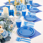 WELLIFE 210 Pcs Blue Party Supplies, Disposable Dinnerware Set, Including Blue Plastic Plates and Napkins, Blue Plastic Cutlery and 12OZ Blue Cups, Serve 30 Guests for Party