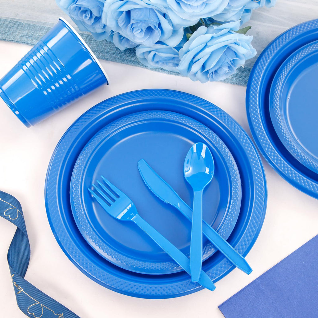 WELLIFE 210 Pcs Blue Party Supplies, Disposable Dinnerware Set, Including Blue Plastic Plates and Napkins, Blue Plastic Cutlery and 12OZ Blue Cups, Serve 30 Guests for Party