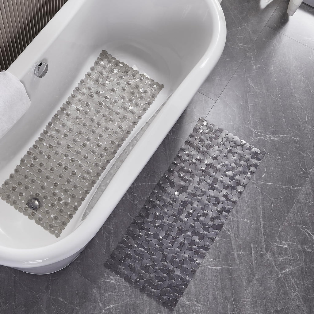 Webos Bath Shower Mat Non Slip: Extra Large Pebble Bathtub mat for Kids, Elderly, Anti Slip Shower Matt with Drain Holes Suction Cups Tub Mat - 16 X 40 Inch Clear Grey